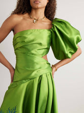 Unique One-Shoulder Gathered Printed Satin-Twill Maxi Dress